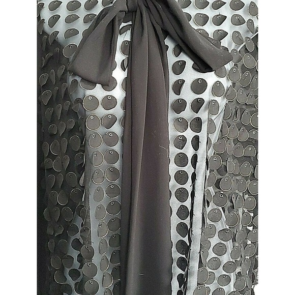 Nha Bhanh Sheer Small Button Down Black Shirt Circles w/Gold Trim Pussy Bow - Picture 6 of 10